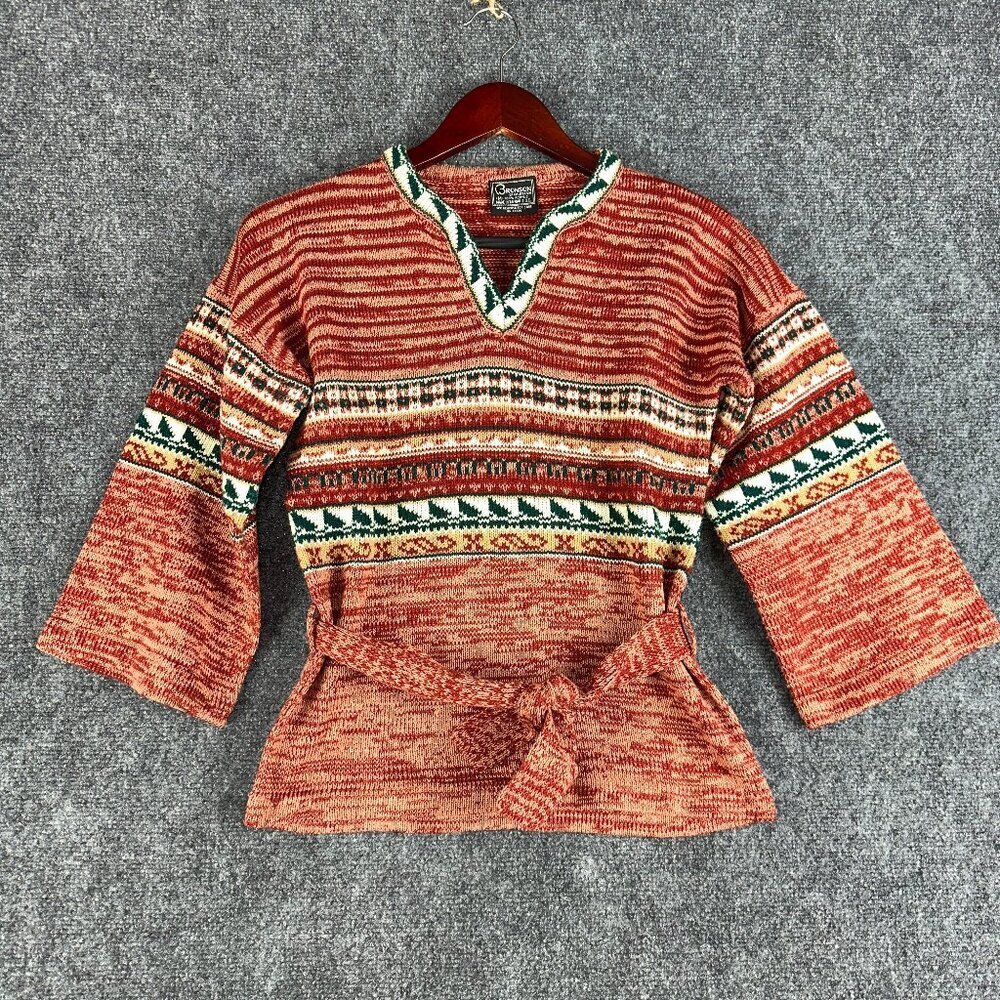 Bronson Sweater Womens Medium Fair Isle Pullover V Neck Tie Belt  Flare Sleeve